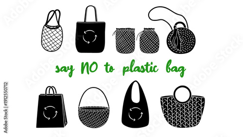 A collection of reusable shopping bag illustrations promoting zero waste and plastic reduction.