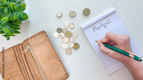 Tableau sur toile A hand records expenses in a notebook labeled Budget