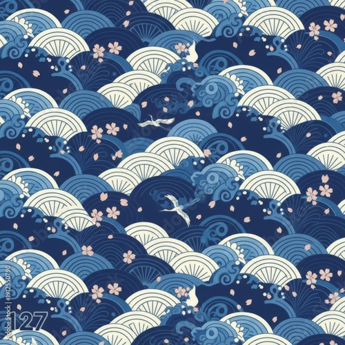 Japanese Seamless Wave Pattern With Cranes