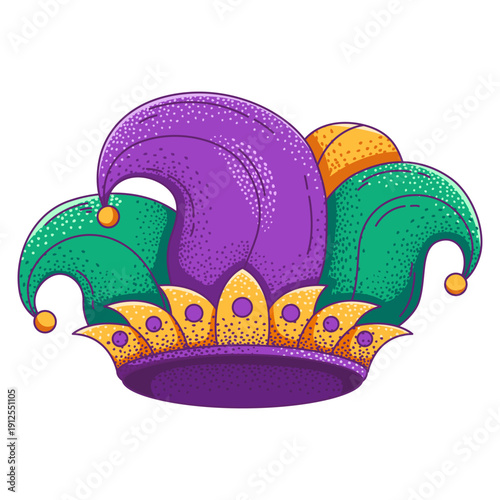 Colorful Mardi Gras jester hat illustration with purple and green peaks and golden bells