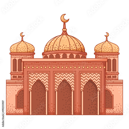 Islamic mosque architectural building illustration with brown domes and arched entrances