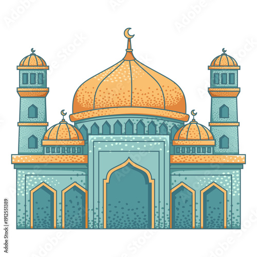 Islamic mosque architectural building illustration with orange domes and teal walls