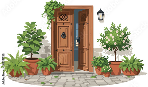 Wooden Door with Potted Plants Entrance.