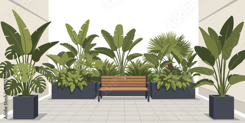 Large Potted Plants with Bench Illustration.