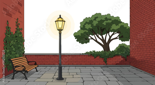 Street Lamp Post with Bench and Tree.