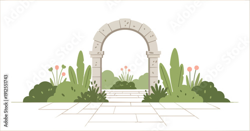 Stone Archway with Greenery and Flowers.