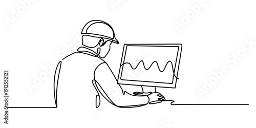Continuous line drawing of an engineer in a hard hat working on a computer monitor Vector, illustration