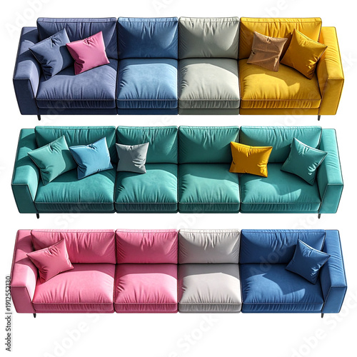 Four-seater sofas in a row different color combinations top view neutral and bright tones