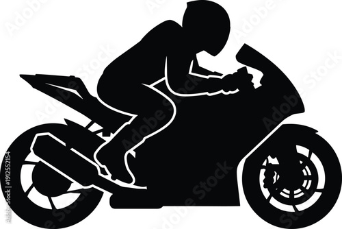 “Silhouette of sport motorcycle rider in crouched racing pose symbolizing speed, agility, performance, and adrenaline lifestyle”