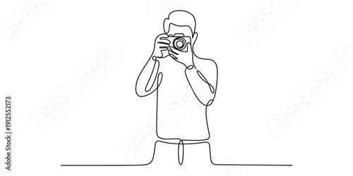 Continuous line drawing of a male photographer taking a picture with a camera on white background Vector, illustration