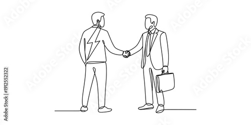 Continuous line drawing of a professional handshake between a businessman and a person with energy. Vector, illustration