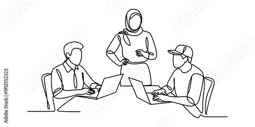 Continuous line drawing of a diverse team working together in a modern office environment. Vector, illustration