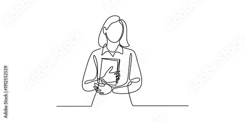 Single line drawing of a professional woman holding a folder against a white background Vector, illustration