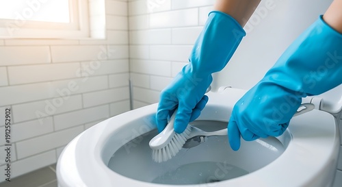 Professional Cleaning Hands with Brush in Toilet