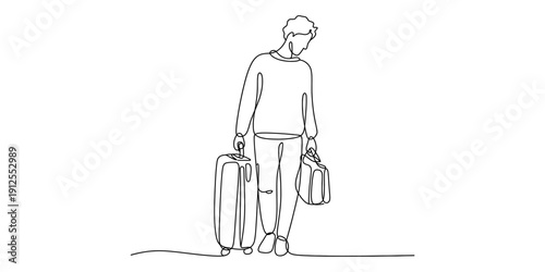 A simple line drawing of a person walking while carrying a large suitcase and a small bag. Vector, illustration