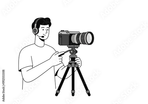 Man Adjusting Camera on Tripod.