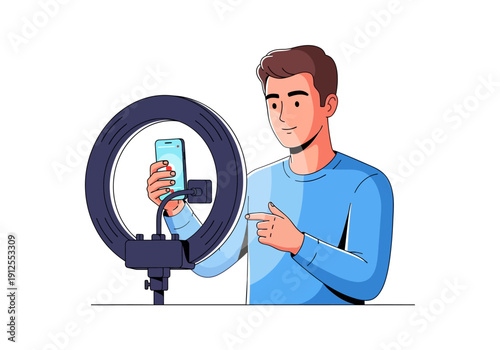 Man Recording Video with Ring Light.
