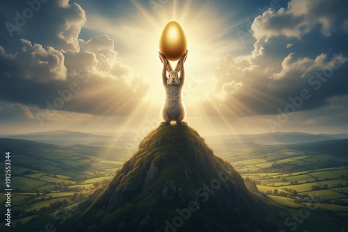 Bunny holding golden easter egg on mountaintop against dramatic sunset sky