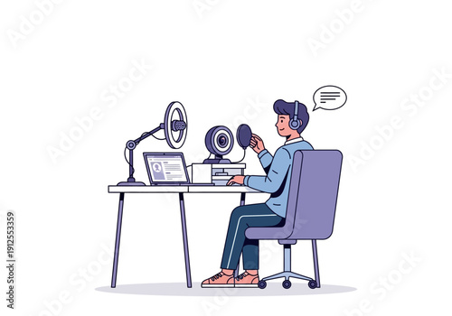 Man Sitting Office Chair Talking Microphone.