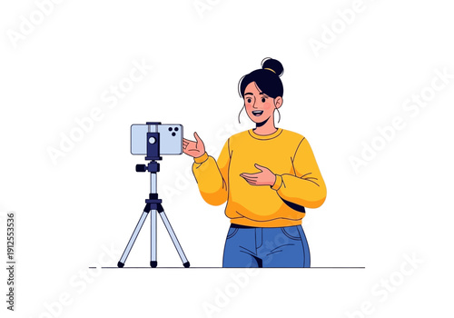 Woman Recording Video on Smartphone with Tripod.