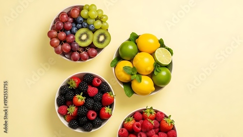 Wallpaper Mural Arrangement of assorted fruits in bowls, colorful vibrancy on yellow background Torontodigital.ca