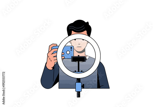 Man Recording Video with Smartphone and Ring Light.