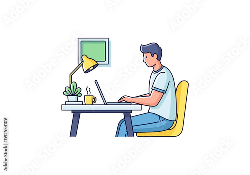 Man Working on Laptop at Desk.
