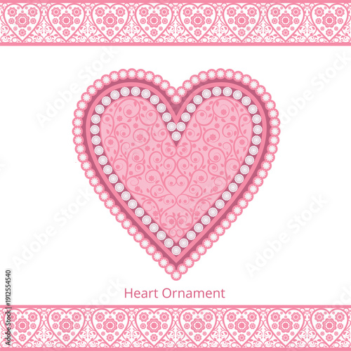 Romantic pink heart ornament with floral lace borders design vector