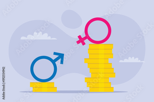 Gender Pay Gap Concept with Male and Female Symbols on Unequal Stacks of Coins 2d flat vector illustration