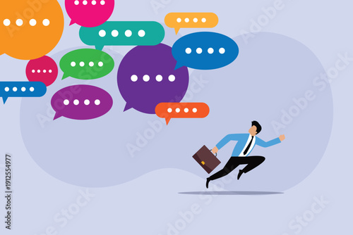Businessman Running Away from Speech Bubbles | Information Overload and Social Media Stress 2d flat vector illustration
