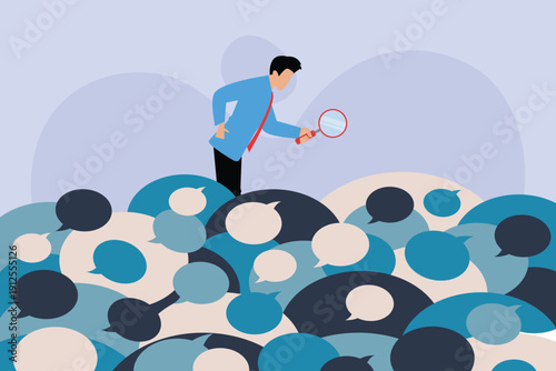 Businessman Using Magnifying Glass to Search Through Large Pile of Speech Bubbles and Social Media Data 2d flat vector illustration