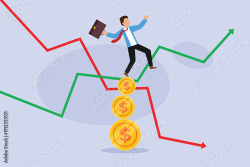 Businessman Balancing on Stack of Coins Amid Volatile Stock Market Graphs and Economic Fluctuations 2d flat vector illustration