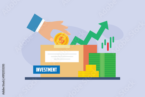 Investment and Wealth Management Concept Illustration with Hand Putting Gold Coin into Savings Box and Upward Growth Arrow 2d flat vector illustration