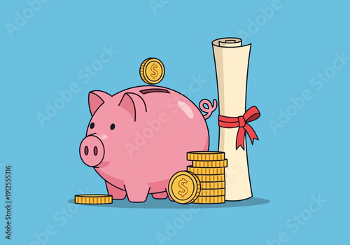 Cartoon Piggy Bank with Diploma and Gold Coins Illustration