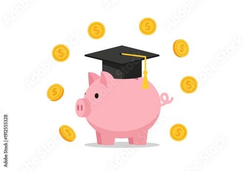 Piggy Bank with Graduation Cap Surrounded by Coins