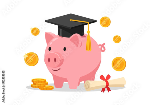Pink Piggy Bank Wearing Graduation Cap with Diploma