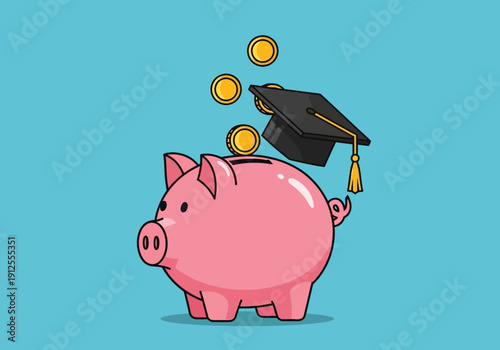 Cartoon Piggy Bank with Graduation Cap and Coins for Education Savings