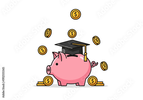 Pink Piggy Bank with Graduation Cap and Falling Coins Illustration