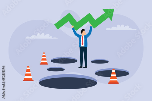 Tableau sur toile Businessman Holding Growth Arrow While Navigating Financial Pitfalls and Risks 2