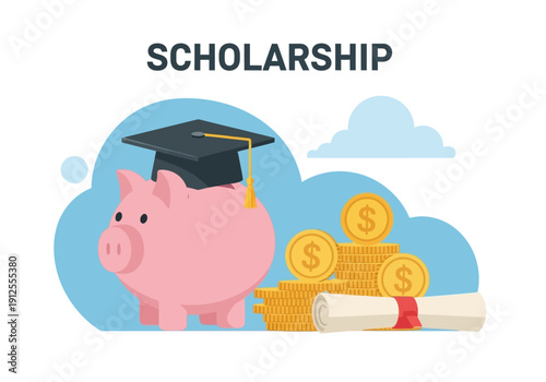 Scholarship Concept: Pink Piggy Bank with Graduation Cap, Gold Coins, and Diploma