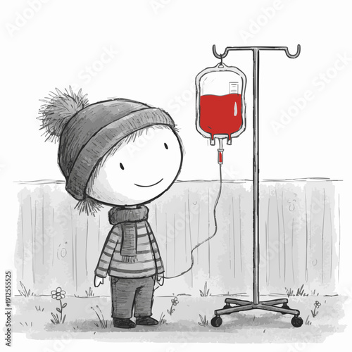 A drawing of a child with a blood transfusion. A child smiles, looking at an IV bag containing blood
