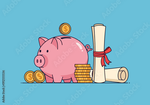 Pink Piggy Bank with Gold Coins and Diploma Scroll Illustration