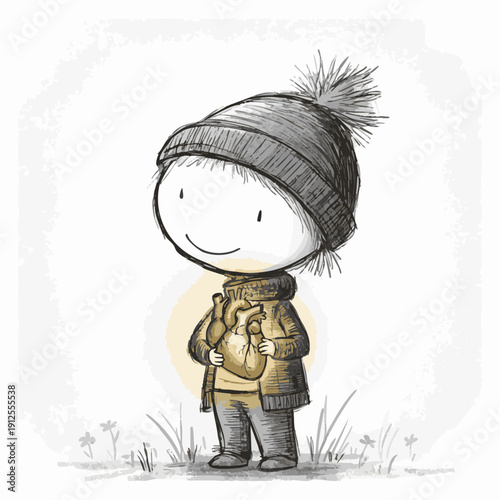 A cute cartoon child holding a heart, with a gentle and heartwarming feel. It's a sweet, comforting, and lovely illustration, perfect for conveying themes of love, empathy, and care