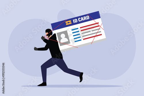Identity Theft Concept with Hacker Carrying a Large Stolen ID Card Away 2d flat vector illustration