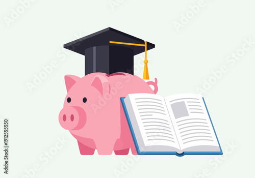 Piggy Bank with Graduation Cap and Book: Education Savings Concept