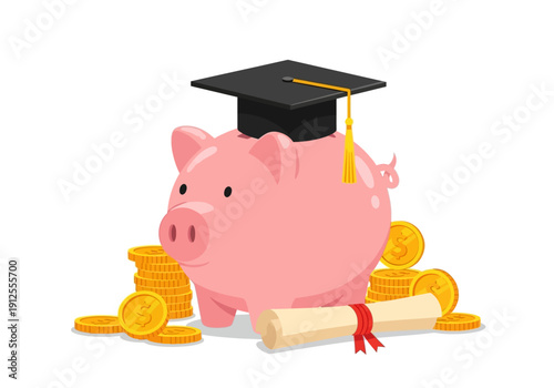 Pink Piggy Bank with Graduation Cap, Gold Coins, and Diploma Scroll Illustration