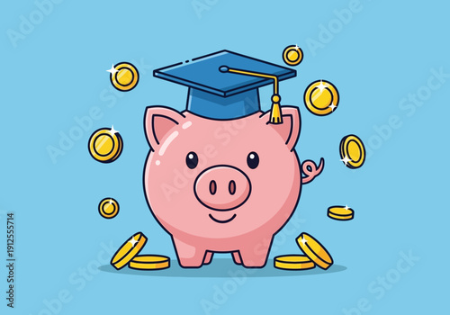 Cartoon Piggy Bank Wearing Graduation Cap with Gold Coins