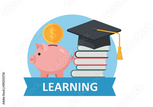 Piggy Bank, Graduation Cap, and Books Representing Educational Investment