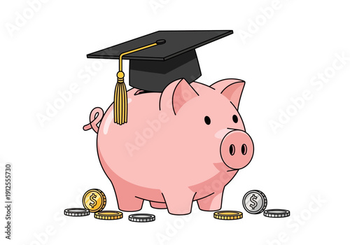 Piggy Bank with Graduation Cap and Coins Illustration