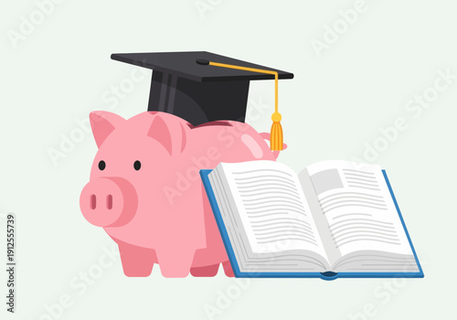 Pink Piggy Bank with Graduation Cap and Open Book Illustration